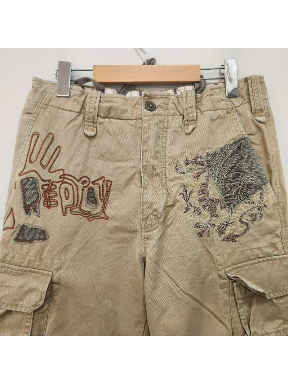 VTG Replay Cargo Pants Mens Tag 32x34 Fits 32x30 Brown Embroidered Drawstring